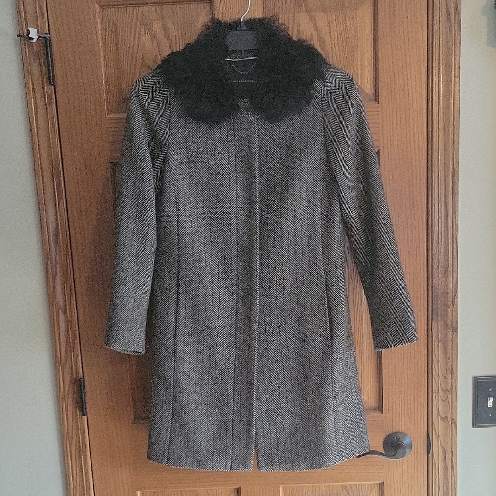 Vintage Banana Republic Herringbone Trench Coat with Black Fur Collar